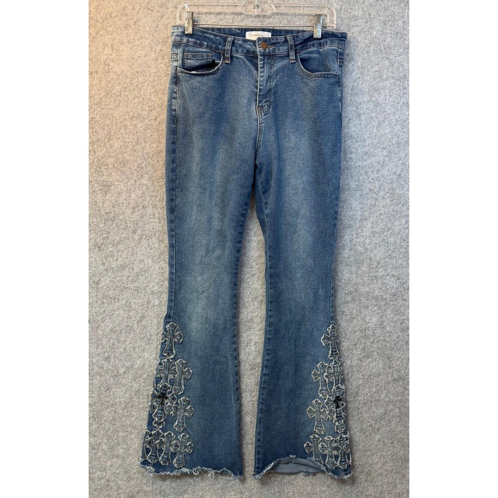 Bamboo Jeans Womens Medium Wash Gothic Cross Applique Flare Leg Raw Hem Denim 13